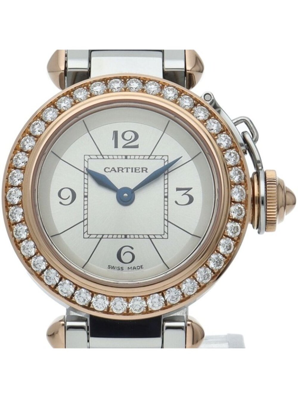 Cartier Miss Pasha Watch Diamond Bezel 18k Pink Gold SS Silver